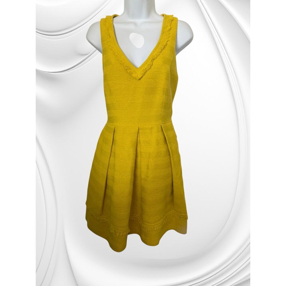 Trina Turk Yellow Textured V-Neck Dress Fringe Trim 8